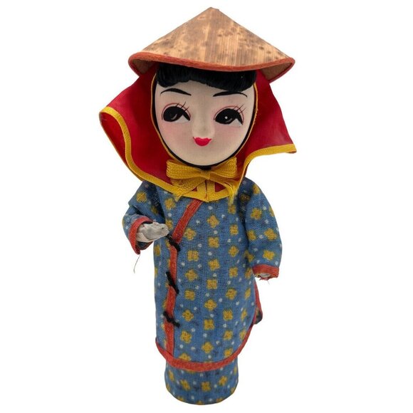 Vintage Asian Cylinder Cloth Doll With Rice Hat & Colorful Outfit Folk Costume - Picture 1 of 9